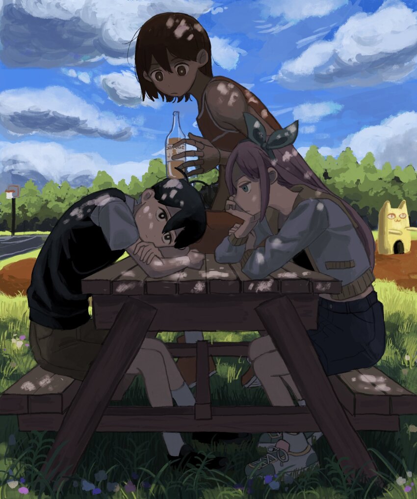 1girl 2boys aubrey_(faraway)_(omori) aubrey_(omori) basketball_court basketball_hoop big_yellow_cat_(omori) black_eyes black_hair black_sweater_vest blue_eyes blue_hairband blue_sky bottle bright_pupils brown_eyes brown_hair brown_shorts closed_mouth cloud dark-skinned_male dark_skin day denim denim_skirt expressionless glass_bottle grass hairband highres holding holding_bottle jacket kel_(faraway)_(omori) kel_(omori) long_hair long_sleeves looking_at_another multiple_boys npa_0a omori outdoors picnic_table pink_hair playground short_hair shorts sitting skirt sky socks sunny_(omori) sweater_vest table white_jacket white_pupils white_socks