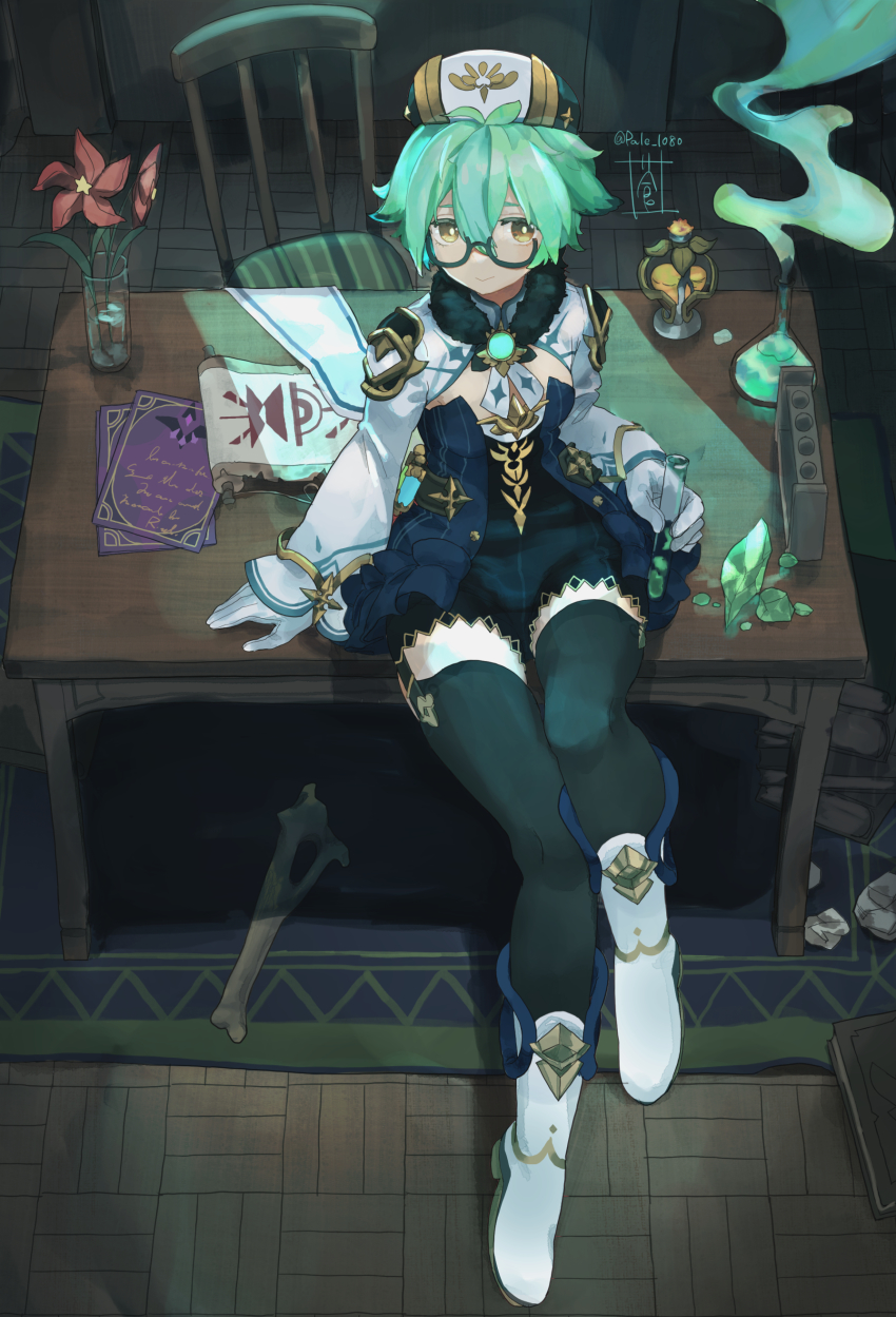 1girl absurdres antenna_hair black_thighhighs bone book boots cape carpet chair closed_mouth dress flask flower fur_trim gem genshin_impact glasses gloves green_hair hair_between_eyes hat highres holding long_hair long_sleeves shrug_(clothing) signature sitting solo sou_(pale_1080) sucrose_(genshin_impact) table test_tube thighhighs twitter_username vial vision_(genshin_impact) volumetric_flask white_boots white_gloves yellow_eyes