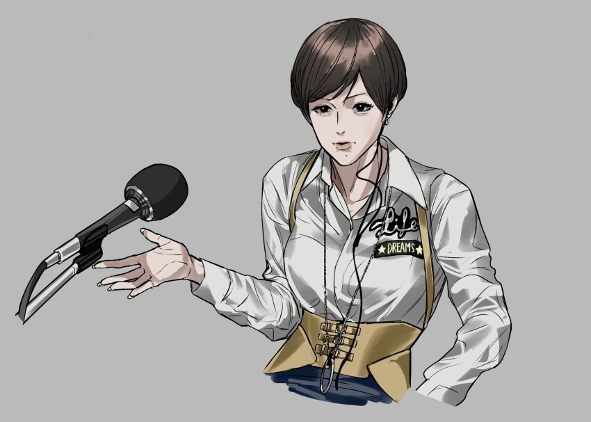 1girl amikoiiko belt belt_buckle black_eyes blue_skirt brown_hair buckle clothes_writing collarbone corset dress_shirt earbuds earphones earrings fingernails hashtag-only_commentary highres jewelry long_fingernails long_sleeves microphone microphone_stand mole mole_under_mouth necklace open_mouth pink_lips pinky_ring real_life ring ring_necklace shiina_ringo shirt short_hair simple_background single_earring skirt solo sternocleidomastoid_muscle upper_body white_shirt yellow_belt yellow_corset