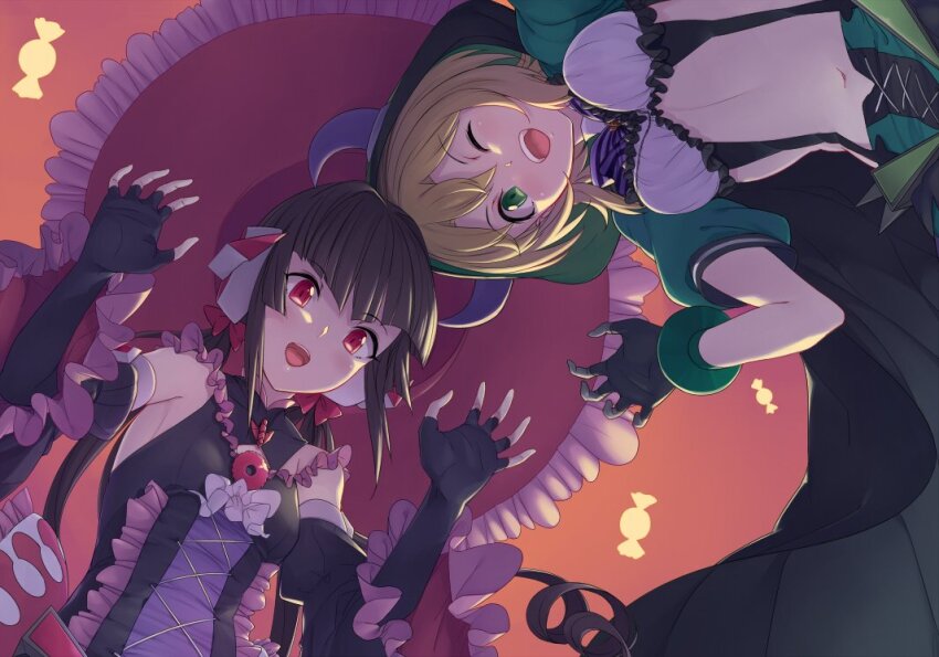 akatsuki_kirika black_gloves black_hair blonde_hair elbow_gloves fingerless_gloves from_below gloves green_eyes looking_at_viewer mokutan_mmmm navel one_eye_closed open_hands open_mouth pink_eyes senki_zesshou_symphogear sleeveless tsukuyomi_shirabe