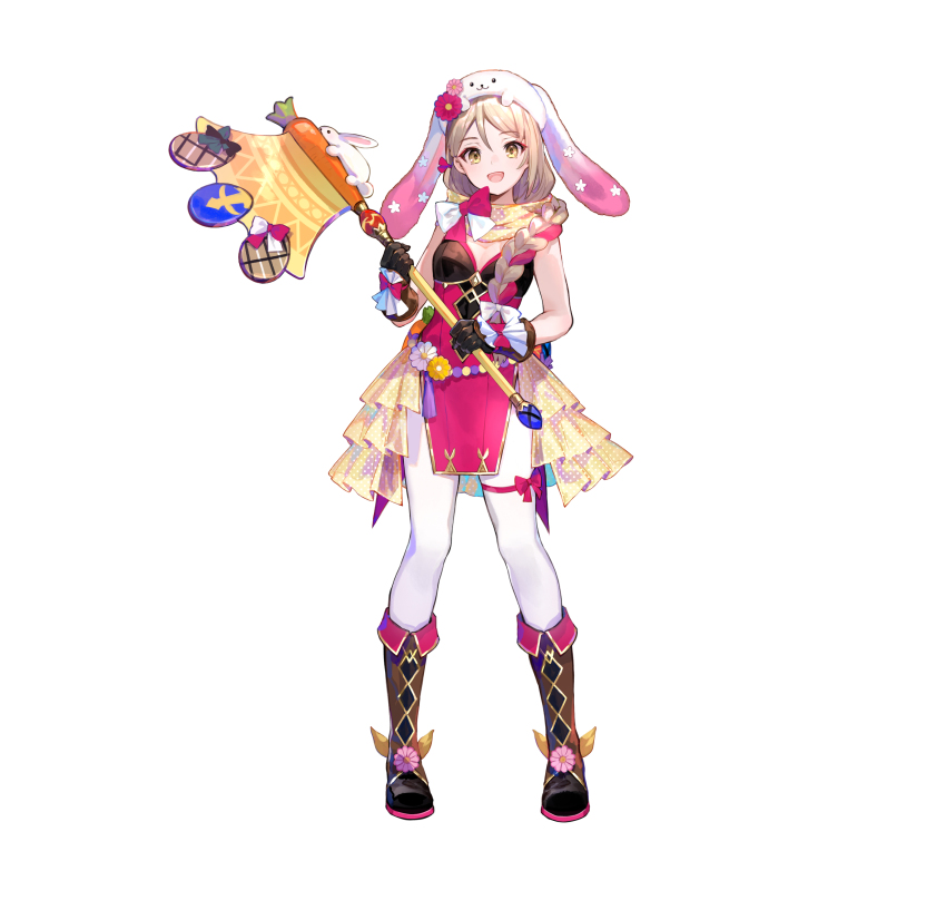 1girl absurdres animal_hat axe braid braided_ponytail breasts brown_gloves cleavage commentary_request cute_weapon fire_emblem fire_emblem_engage fire_emblem_heroes framme_(fire_emblem) framme_(spring)_(fire_emblem) fuzichoco gloves green_eyes hair_over_shoulder hat highres holding holding_axe looking_at_viewer nintendo official_alternate_costume official_art open_mouth pantyhose pelvic_curtain rabbit_hat scarf simple_background small_breasts smile solo tachi-e thigh_strap weapon white_background white_pantyhose