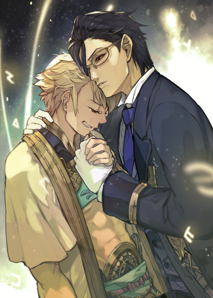 abs absurdres aladdin_(sinoalice) arabian_clothes black_hair blonde_hair brown-framed_eyewear collared_shirt comforting formal_clothes glasses gloves glowing gold_trim goodbye grey_vest hair_between_eyes hameln_(sinoalice) hide_(hideout) highres hug implied_yaoi male_focus multicolored_hair necktie night night_sky parted_lips purple_hair sash shirt short_hair sinoalice sky suit teeth two-tone_hair vest white_gloves