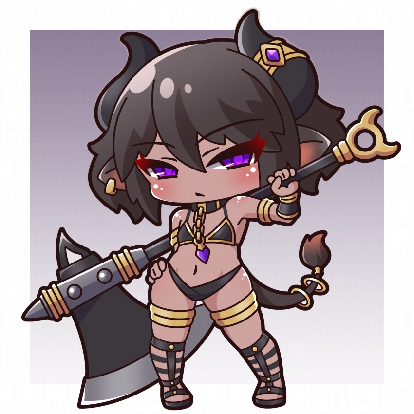 1girl absurdres animal_ears axe bare_shoulders bikini black_bikini black_hair black_sandals blush chibi closed_mouth commentary_request cow_ears cow_girl cow_horns cow_tail dark-skinned_female dark_skin ear_piercing full_body hair_between_eyes hand_on_own_hip highres holding holding_axe holding_behind_back holding_weapon_behind_back horns navel original personification piercing purple_eyes saishosaisekojo sandals solo standing swimsuit tail tail_ornament tail_ring taurus_(zodiac) zodiac