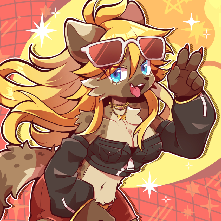 1girl ahoge animal_ears black_shirt blonde_hair blue_eyes breasts brown_fur buchiage_hannah chain chain_necklace claws cleavage commentary english_commentary eyewear_on_head furry furry_female gold_necklace gyaru hanamoru highres hyena_ears hyena_girl hyena_tail indie_virtual_youtuber jewelry large_breasts long_hair long_sleeves midriff navel necklace onee_gyaru open_mouth red_shorts shirt shorts solo sparkle spotted_fur sunglasses tail tongue tongue_out tsurime v very_long_hair virtual_youtuber zipper