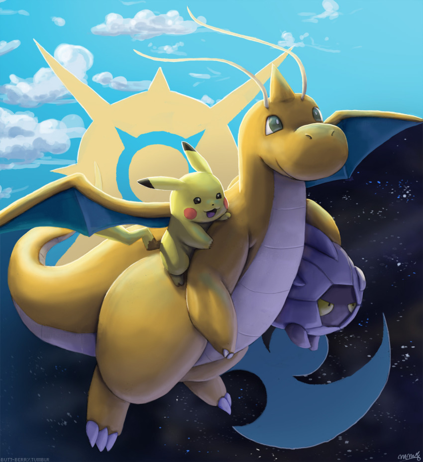 blue_sky creature day day_and_night dragonite flying full_body gen_1_pokemon gen_3_pokemon highres holding holding_pokemon mcgmark night night_sky nintendo no_humans pikachu pokemon pokemon_(creature) riding riding_pokemon shelgon sky watermark web_address