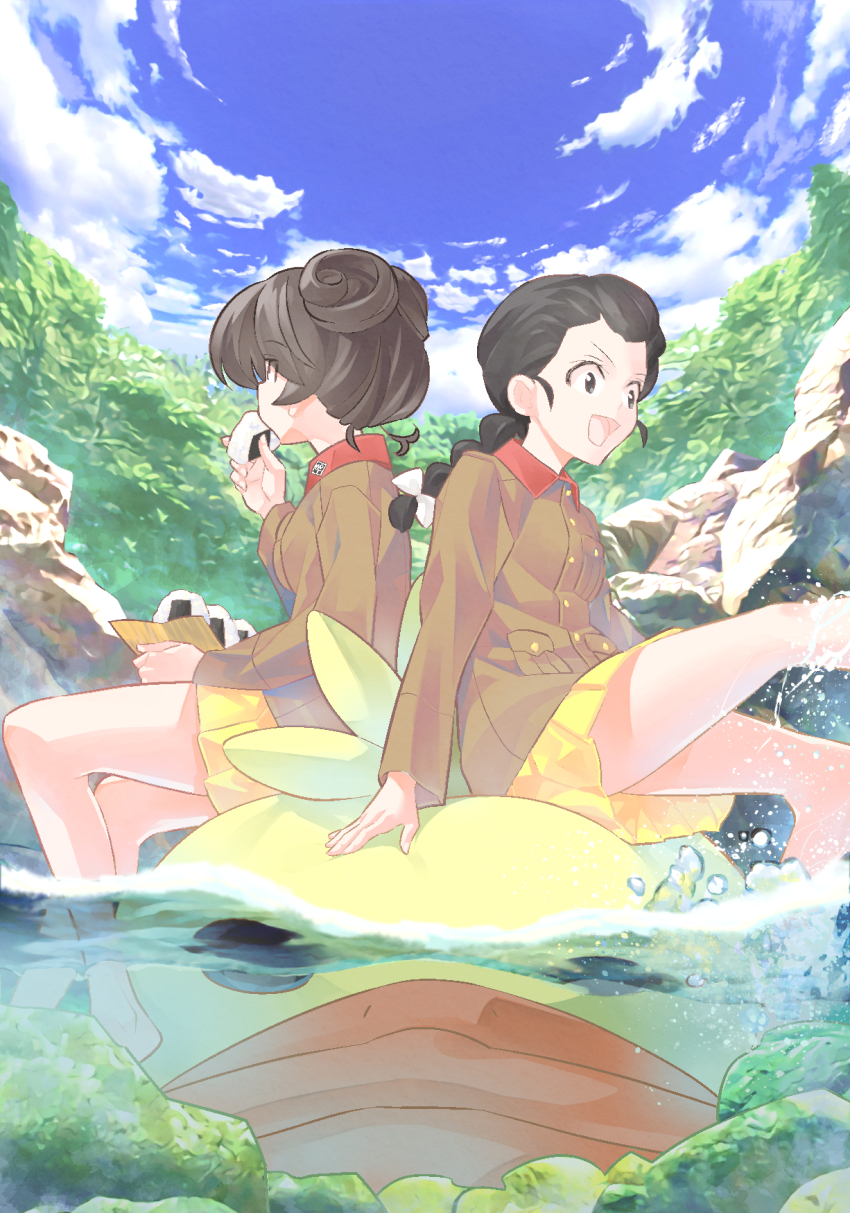 2girls air_bubble barefoot blue_sky braid braided_ponytail brown_hair brown_jacket bubble chi-hatan_military_uniform cloud cloudy_sky commentary_request day duck_head eating food girls_und_panzer hair_pulled_back hair_ribbon hair_rings highres holding holding_food hosomi_shizuko inflatable_toy inou_takashi jacket long_hair long_sleeves military military_uniform miniskirt multiple_girls onigiri open_mouth outdoors partially_underwater_shot pleated_skirt ribbon rock short_hair single_braid sitting skirt sky smile soaking_feet splashing tamada_tamaki water white_ribbon yellow_skirt
