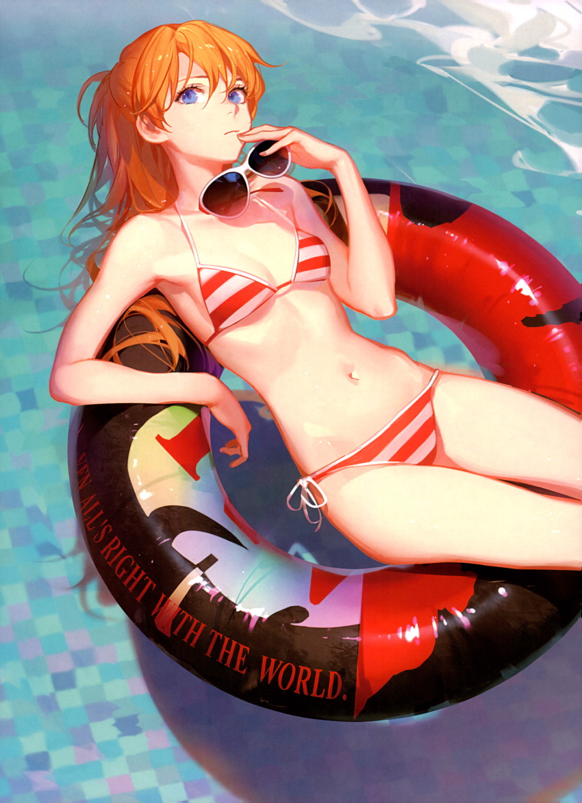 1girl absurdres ask_(askzy) blue_eyes closed_eyes commentary_request highres long_hair male_swimwear neon_genesis_evangelion orange_hair pool sunglasses swim_trunks water