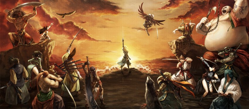 5girls 6+boys ainu_clothes arm_up bird black_hair blonde_hair bow charlotte_christine_de_colde cloud cloudy_sky darli_dagger earthquake_(samurai_spirits) everyone fat fat_man galford_d_weller group_picture hair_bow hairband haoumaru hawk highres holding holding_sword holding_weapon japanese_clothes katana kibagami_genjuro kimono kurama_yashamaru long_hair mamahaha multiple_boys multiple_girls nakoruru obi ocean official_art ogura_eisuke orange_sky pants red_bow red_hairband samurai_spirits sash saw saw_cleaver scarf scenery senryou_kyoushirou sheath shiki_(samurai_spirits) short_hair short_sleeves sky snk source_request sunset sword tachibana_ukyou tagme tamtam_(samurai_spirits) tokugawa_yoshitora waves weapon white_pants wu-ruixiang yagyuu_juubei_(samurai_spirits)