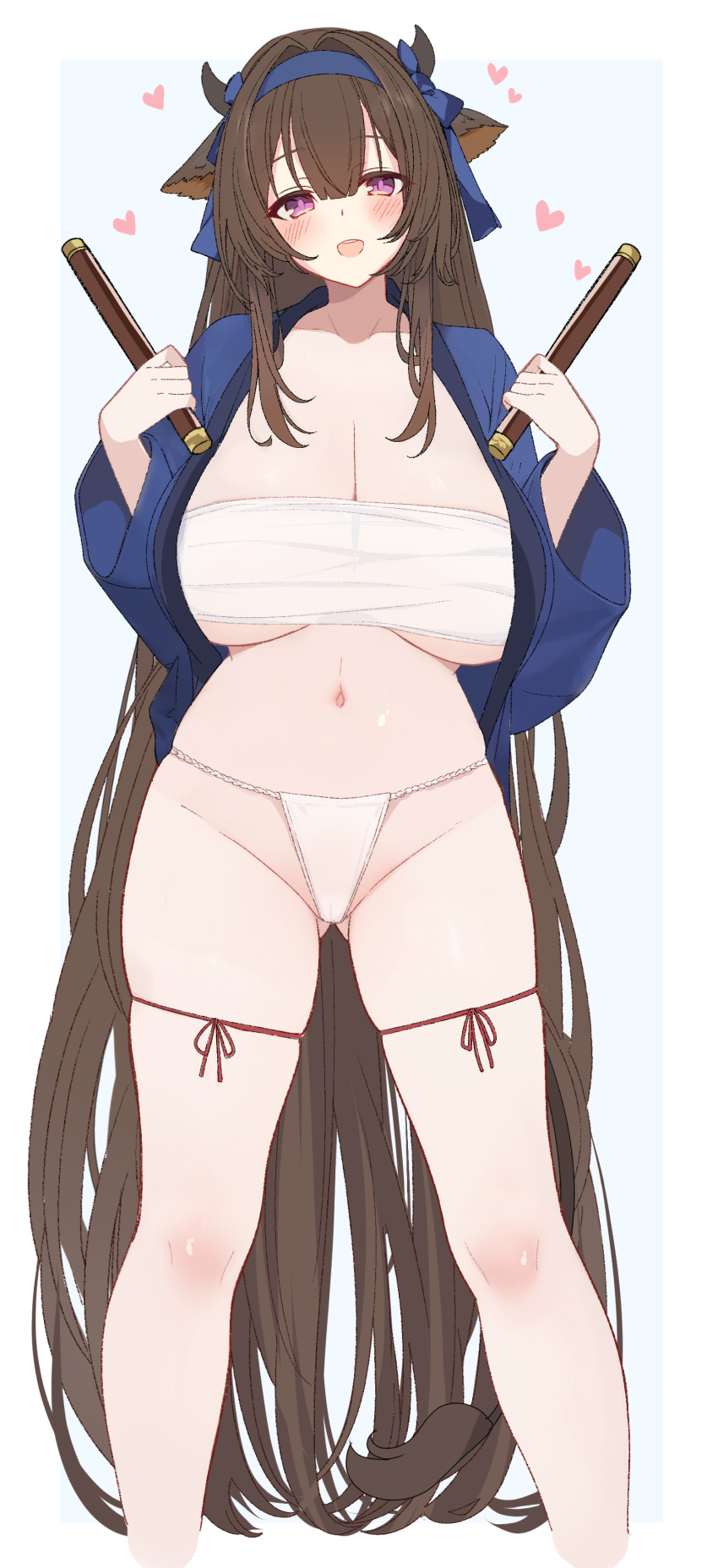 1girl absurdres animal_ears azur_lane blue_ribbon blush breasts brown_hair chest_sarashi cleavage drumsticks fundoshi gluteal_fold hair_ribbon hairband happi heart highres horns japanese_clothes kashino_(azur_lane) large_breasts londom_(lonhomewell) long_hair navel open_clothes open_happi open_mouth open_shirt purple_eyes ribbon sarashi smile solo standing taiko_sticks thigh_strap very_long_hair