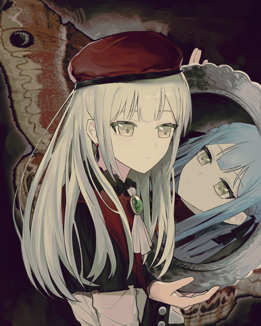 2girls absurdres anli_(jwcpp4sum0mgk5r) ascot bang_dream! bang_dream!_it&#039;s_mygo!!!!! beret black_ribbon blue_hair chinese_commentary closed_mouth commentary different_reflection earrings green_brooch green_hair hair_ribbon hat highres holding holding_mirror jewelry long_hair long_sleeves mirror mortis_(bang_dream!) mortis_(costume)_(bang_dream!) multiple_girls red_hat reflection ribbon togawa_sakiko wakaba_mutsumi white_ascot