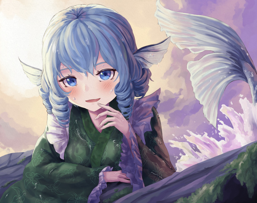 1girl blue_eyes blue_hair blush commentary drill_hair drill_sidelocks fins green_kimono head_fins highres japanese_clothes kimono long_sleeves looking_at_viewer mermaid monster_girl open_mouth pygrenix sidelocks solo touhou wakasagihime