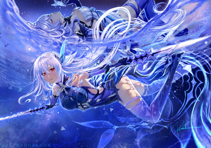 1girl back_fin bare_shoulders black_unitard breasts butterfly_hair_ornament closed_eyes dual_wielding elbow_gloves full_body genshin_impact gloves gradient_gloves gradient_legwear gradient_sleeves grey_hair hair_between_eyes hair_ornament high_heels highres holding holding_sword holding_weapon long_hair looking_at_viewer medium_breasts multiple_views parted_lips petra-ii red_eyes skirk_(genshin_impact) sword thighhighs underwater very_long_hair weapon