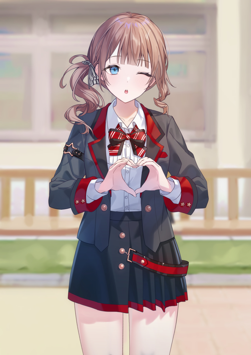 1girl ;o absurdres black_skirt blue_eyes bow bowtie brown_hair collared_shirt cowboy_shot grey_jacket heart heart_hands highres jacket long_hair long_sleeves looking_at_viewer miniskirt mochizuki_honami one_eye_closed open_clothes open_jacket open_mouth pleated_skirt project_sekai school_uniform shirt side_ponytail skirt solo timmoo white_shirt