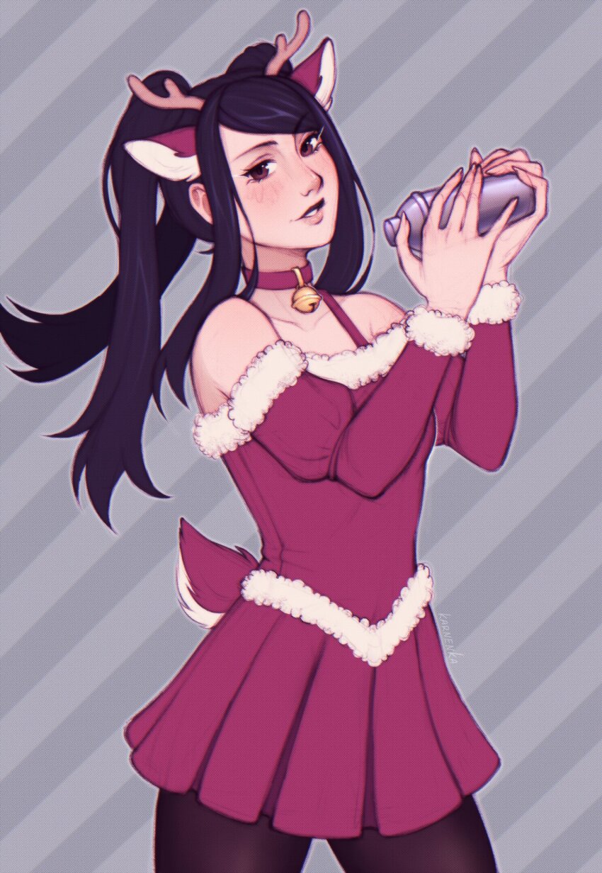 animal_ears antlers bartender bell black_pantyhose blush brown_eyes christmas cocktail_shaker deer_antlers deer_ears deer_girl deer_tail detached_sleeves dress fingernails fur-trimmed_dress fur_trim highres horns jill_stingray karnenka light_smile long_fingernails looking_at_viewer merry_christmas neck_bell pantyhose pleated_skirt ponytail puffy_sleeves purple_hair red_dress skirt tail va-11_hall-a
