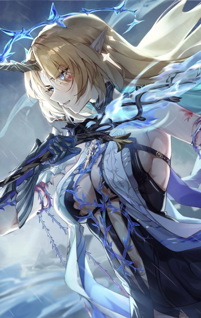 1girl armored_gloves bare_shoulders black_collar black_dress blue_eyes breasts collar commentary crown_of_thorns dress earrings english_commentary fleurdelys_(wuthering_waves) floating_earrings gloves highres holding holding_sword holding_weapon horns jewelry large_breasts long_horns looking_ahead mihan_(mihan_art) parted_lips pointy_ears rain revision sideboob single_glove single_horn solo storm sword tacet_mark_(wuthering_waves) wading weapon wuthering_waves yellow_horns
