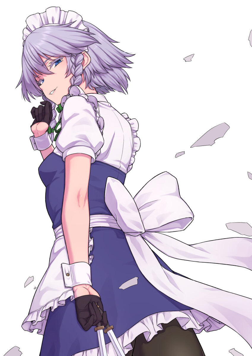 1girl apron black_gloves blue_eyes breasts commentary gloves grey_hair highres holding holding_knife izayoi_sakuya kakone knife looking_at_viewer looking_back maid maid_headdress mermaid monster_girl petticoat short_hair simple_background small_breasts solo touhou white_apron white_background wrist_cuffs