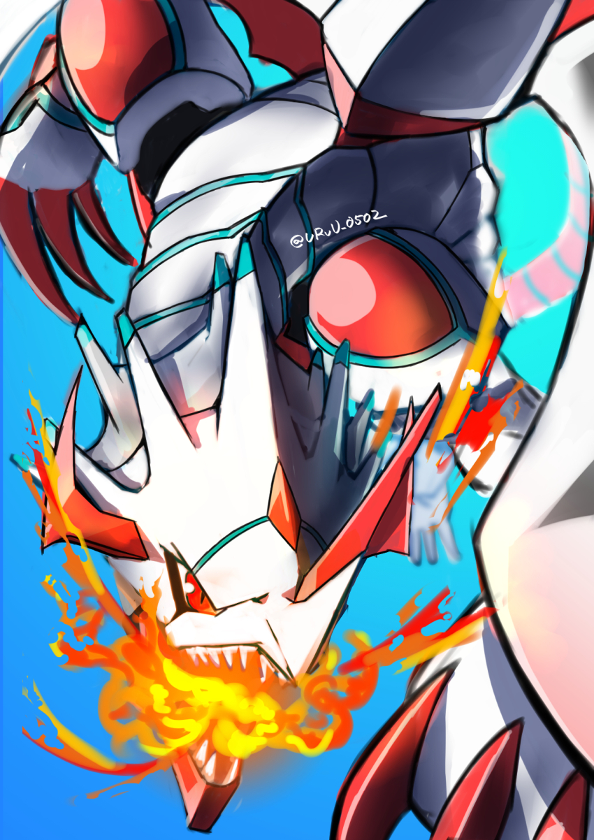 blue_background breath_weapon breathing_fire canoweissmon digimon digimon_(creature) dragon fire forehead_jewel gradient_hair highres horns jiyuuya multicolored_hair no_humans open_mouth red_eyes sharp_teeth simple_background teeth twitter_username white_scales