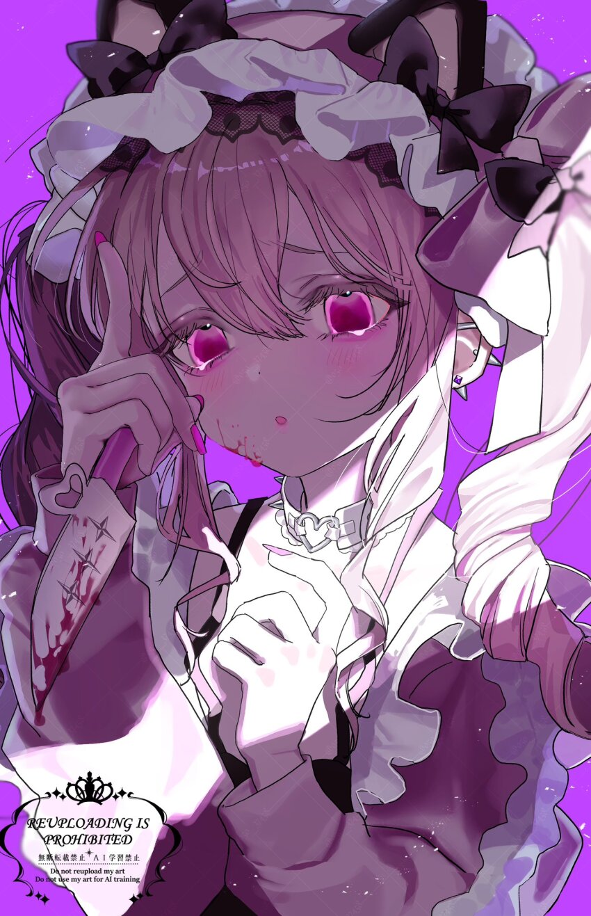 1girl :o aegyo_sal animal_ear_hairband animal_ears black_bow black_camisole blood blood_on_cheek blood_on_face bloody_knife blush bow camisole cat_ear_hairband cat_ears choker collarbone commentary crack_of_light dilated_pupils double-parted_bangs drill_hair eyelashes fake_animal_ears frilled_hairband frills hair_between_eyes hairband hands_up heart heart_choker highres holding holding_knife index_finger_raised jacket knife kote1 light_particles long_hair long_sleeves looking_down nail_polish open_clothes open_jacket open_mouth original pink_eyes pink_hair pink_hairband pink_jacket pink_nails purple_background sidelocks simple_background solo spiked_choker spikes symbol-only_commentary twin_drills upper_body watermark white_choker