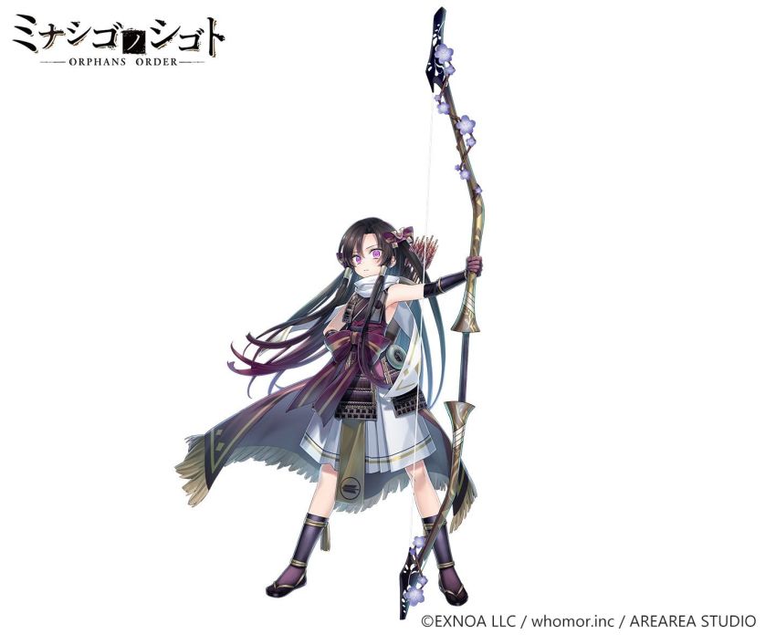 1girl arrow_(projectile) bare_shoulders black_gloves black_hair black_kimono black_sandals bow bow_(weapon) closed_mouth copyright_notice elbow_gloves fingerless_gloves fringe_trim full_body gloves gradient_hair hand_on_own_hip highres holding holding_bow_(weapon) holding_weapon japanese_clothes kimono long_hair looking_at_viewer multicolored_hair official_art orphans_order parted_bangs pleated_skirt purple_bow purple_eyes purple_hair purple_socks quiver ryuuki_(hydrangea) sandals simple_background skirt sleeveless sleeveless_kimono socks solo striped_bow very_long_hair watermark weapon white_background white_skirt zouri