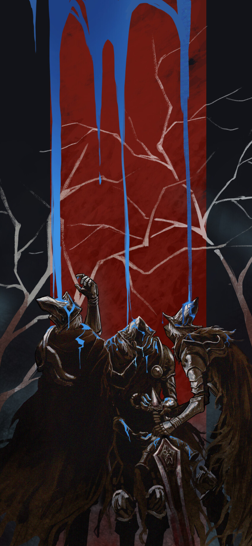 3boys absurdres abyss_watcher armor bare_tree blue_liquid brown_cape cape commentary cowboy_shot dark_souls_(series) dark_souls_iii english_commentary full_armor full_body grey_background hand_up highres holding holding_sword holding_weapon male_focus multiple_boys outdoors red_background solo standing sword tree tworain_w weapon