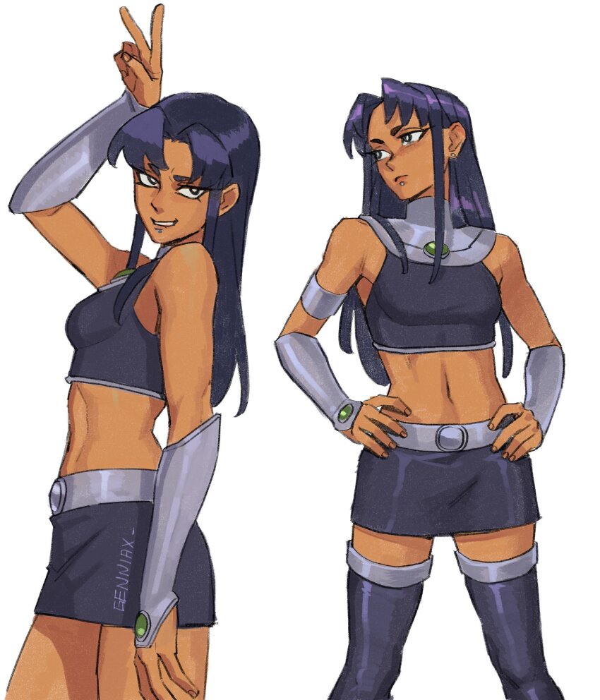1girl black_eyes black_hair black_skirt blackfire colored_skin commentary crop_top dc_comics detached_sleeves english_commentary genniax grey_sleeves hands_on_own_hips highres looking_at_viewer midriff navel open_mouth orange_skin simple_background skirt solo teen_titans teen_titans_(tv_series) white_background