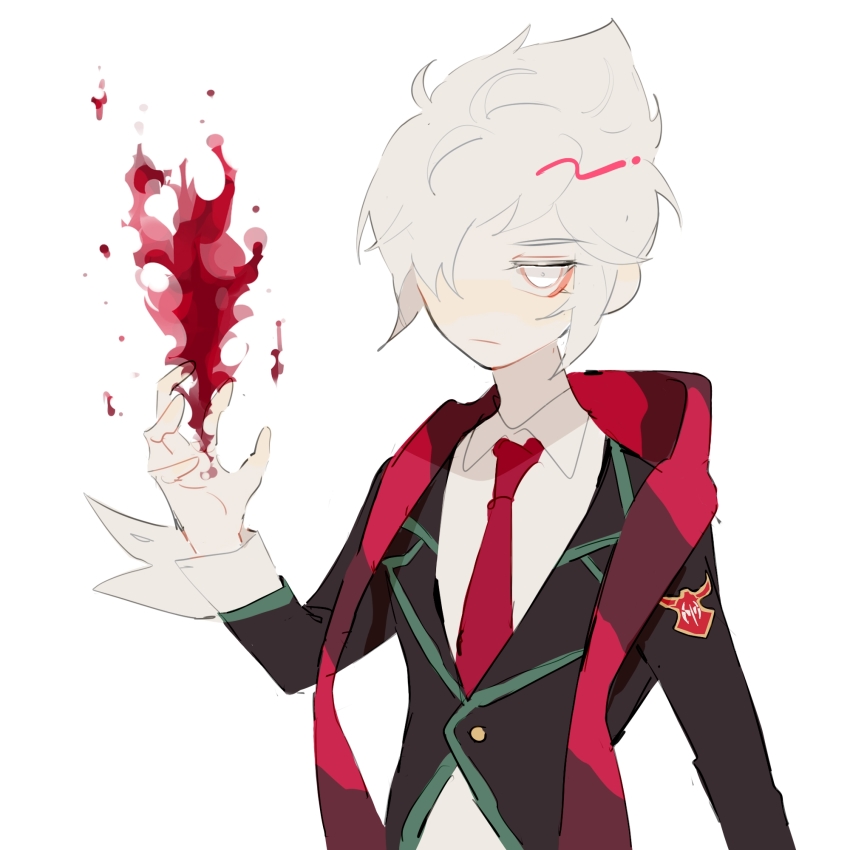 1boy academy_vladimir blood closed_mouth floating frown hair_over_one_eye highres league_of_legends male_focus necktie p_ar red_necktie red_scarf scarf school_uniform simple_background solo vladimir_(league_of_legends) white_background white_eyes white_hair