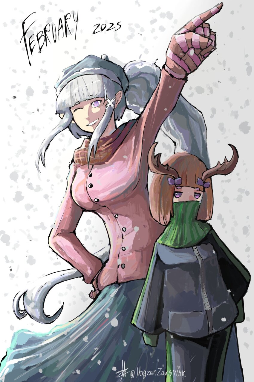 2girls antlers breasts brown_hair deer_antlers deer_girl elf emilia_(re:zero) gloves hand_on_own_hip highres horns magizhan multiple_girls one_eye_closed pointing pointy_ears ponytail purple_eyes re:zero_kara_hajimeru_isekai_seikatsu smile snow snowing sweater tanza_(re:zero) turtleneck turtleneck_sweater white_hair wink winter winter_clothes