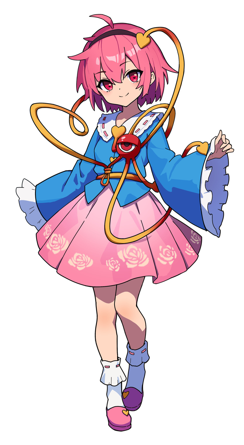 1girl artist_request blue_shirt brown_hairband buttons closed_mouth collared_shirt commentary commentary_request english_commentary eyeball floral_print frilled_shirt_collar frilled_sleeves frills full_body hair_ornament hairband heart heart_button heart_hair_ornament highres komeiji_satori long_sleeves looking_at_viewer mixed-language_commentary pink_eyes pink_hair pink_skirt pink_slippers print_skirt psd_available ribbon-trimmed_collar ribbon_trim rose_print second-party_source shirt simple_background skirt slippers smile socks solo split_mouth tachi-e third_eye touhou transparent_background white_socks wide_sleeves
