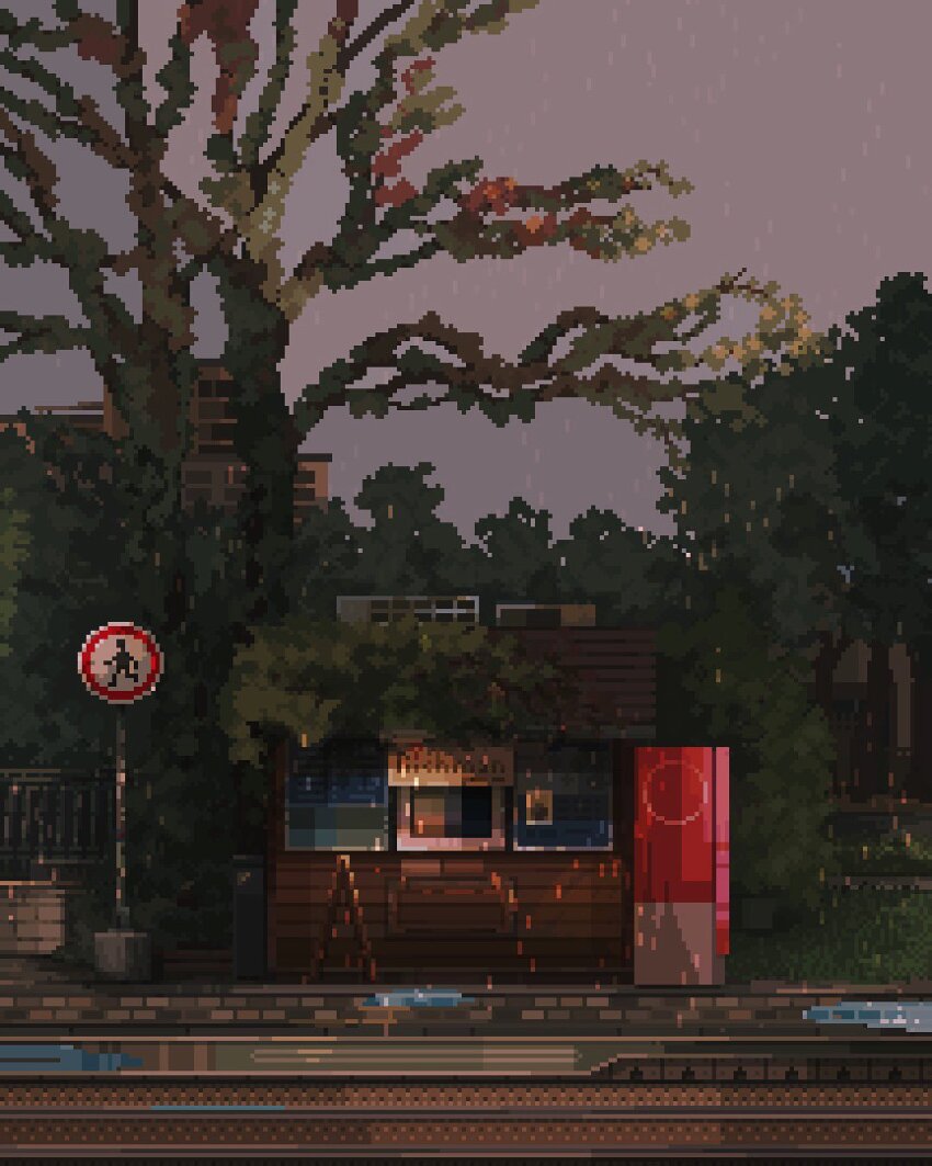 bratislava building city foliage highres kiosk night night_sky no_humans original outdoors photo-referenced pixel_art pixelianska railroad_tracks rain road_sign scenery sign sky slovakia tree