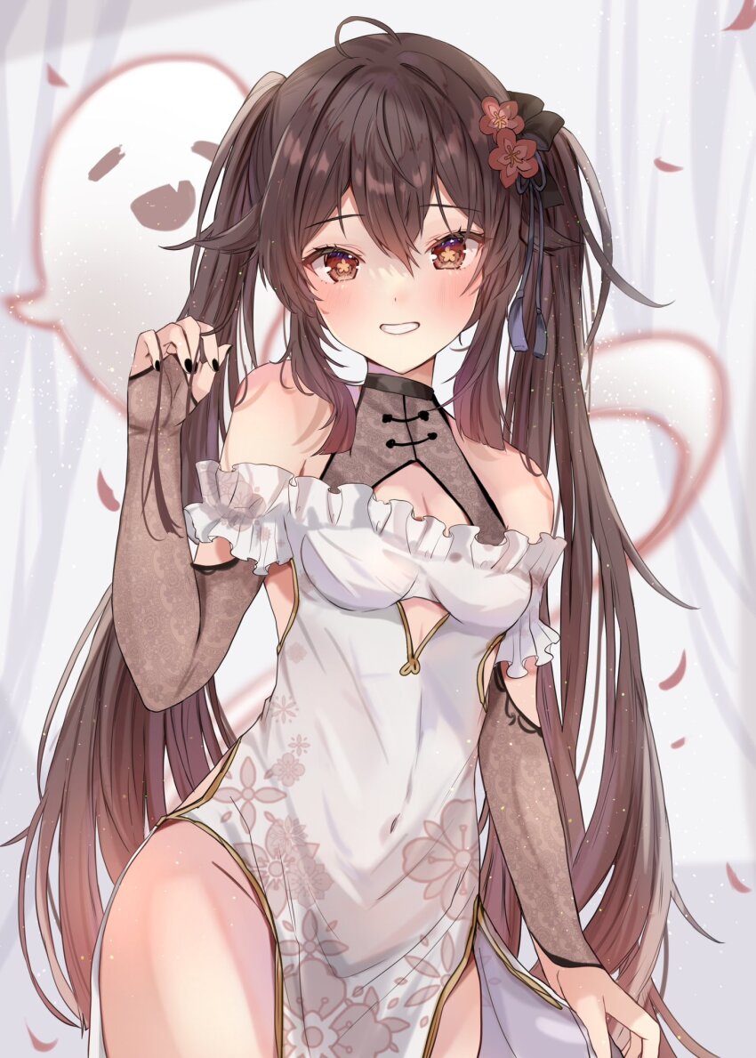 1girl alternate_costume bare_shoulders black_nails blush boo_tao_(genshin_impact) breasts bridal_gauntlets brown_eyes brown_hair chinese_clothes clothing_cutout dress floral_print flower-shaped_pupils frilled_dress frills genshin_impact ghost hair_between_eyes highres hu_tao_(genshin_impact) long_hair looking_at_viewer maruro nail_polish small_breasts smile symbol-shaped_pupils twintails
