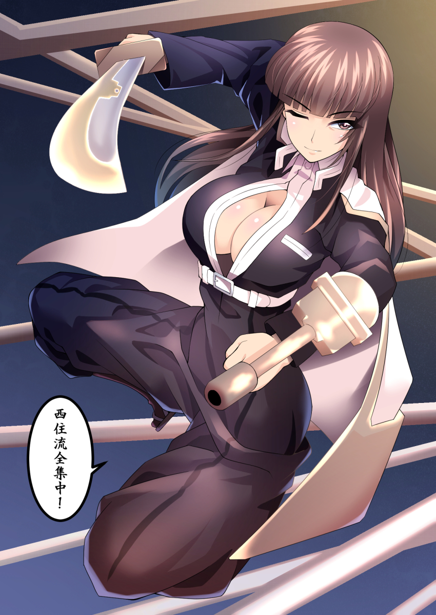 1girl black_jacket black_pants blunt_bangs breasts brown_eyes brown_hair cannon cape closed_mouth demon_slayer_uniform dress_shirt emblem girls_und_panzer highres holding holding_sword holding_weapon jacket japanese_tankery_league_(emblem) jumping kimetsu_no_yaiba large_breasts legs_up long_hair long_sleeves looking_at_viewer miraino_tsubasa nishizumi_shiho one_eye_closed pants partially_unbuttoned shirt smile solo straight_hair sword translated weapon white_cape white_shirt