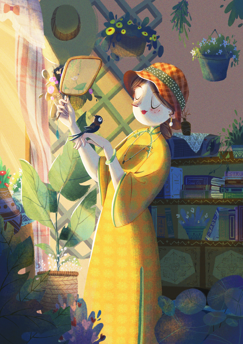 1girl absurdres anfumeng basket bird bird_on_hand black_feathers book book_stack bow bracelet brown_hair china_dress chinese_clothes chinese_commentary closed_eyes closed_mouth collared_dress commentary_request curtains dappled_sunlight dress earrings feathers floating_earrings flower freckles green_ribbon green_trim hand_mirror hanging_flower hanging_plant hat hat_ribbon heart highres holding holding_mirror indoors jewelry leaf lipstick long_sleeves low_ponytail makeup mirror orange_hat original pink_bow plaid_clothes plaid_curtains plaid_headwear plant pointy_nose polka_dot polka_dot_dress polka_dot_ribbon ponytail potted_plant red_lips ribbon shelf short_hair short_ponytail smile solo sun_hat sunlight three-quarter_sleeves vase white_flower wide_sleeves yellow_dress yellow_flower yellow_hat