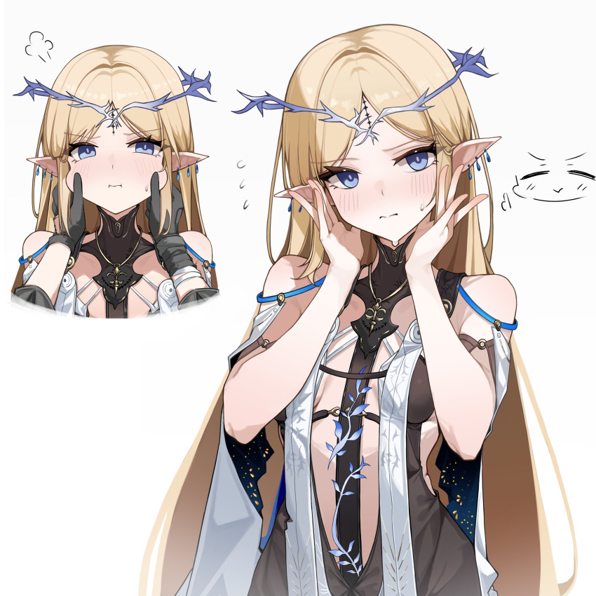 1boy 1girl absurdres bare_shoulders black_collar black_dress black_gloves blonde_hair blue_eyes blush breast_curtains breasts cartethyia_(wuthering_waves) center_frills cheek_pinching collar commentary crown_of_thorns dress earrings flying_sweatdrops frills gloves grey_background hands_up highres jewelry long_hair looking_at_viewer male_rover_(wuthering_waves) multiple_views oxooxo666 pinching pointy_ears pout pov pov_hands puff_of_air rover_(wuthering_waves) simple_background small_breasts sweatdrop symbol-only_commentary tacet_mark_(wuthering_waves) very_long_hair wuthering_waves
