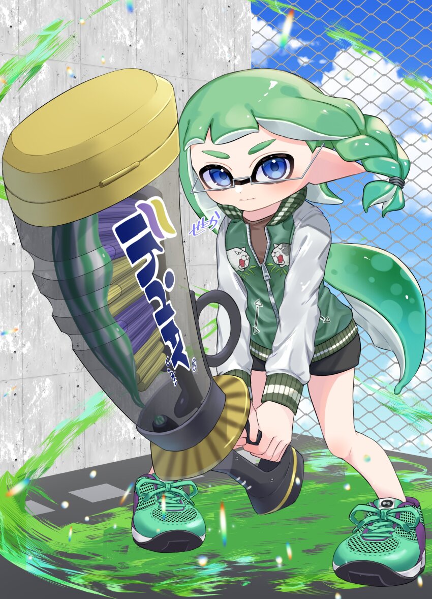 1girl absurdres amakusa_setoka bike_shorts blue_eyes chain-link_fence commentary decavitator_(splatoon) fence glasses green_hair highres holding holding_sword holding_weapon inkling inkling_girl inkling_player_character knees_together_feet_apart lensless_glasses long_hair nintendo paint pointy_ears shoes solo splatoon_(series) splatoon_3 sword tentacle_hair weapon