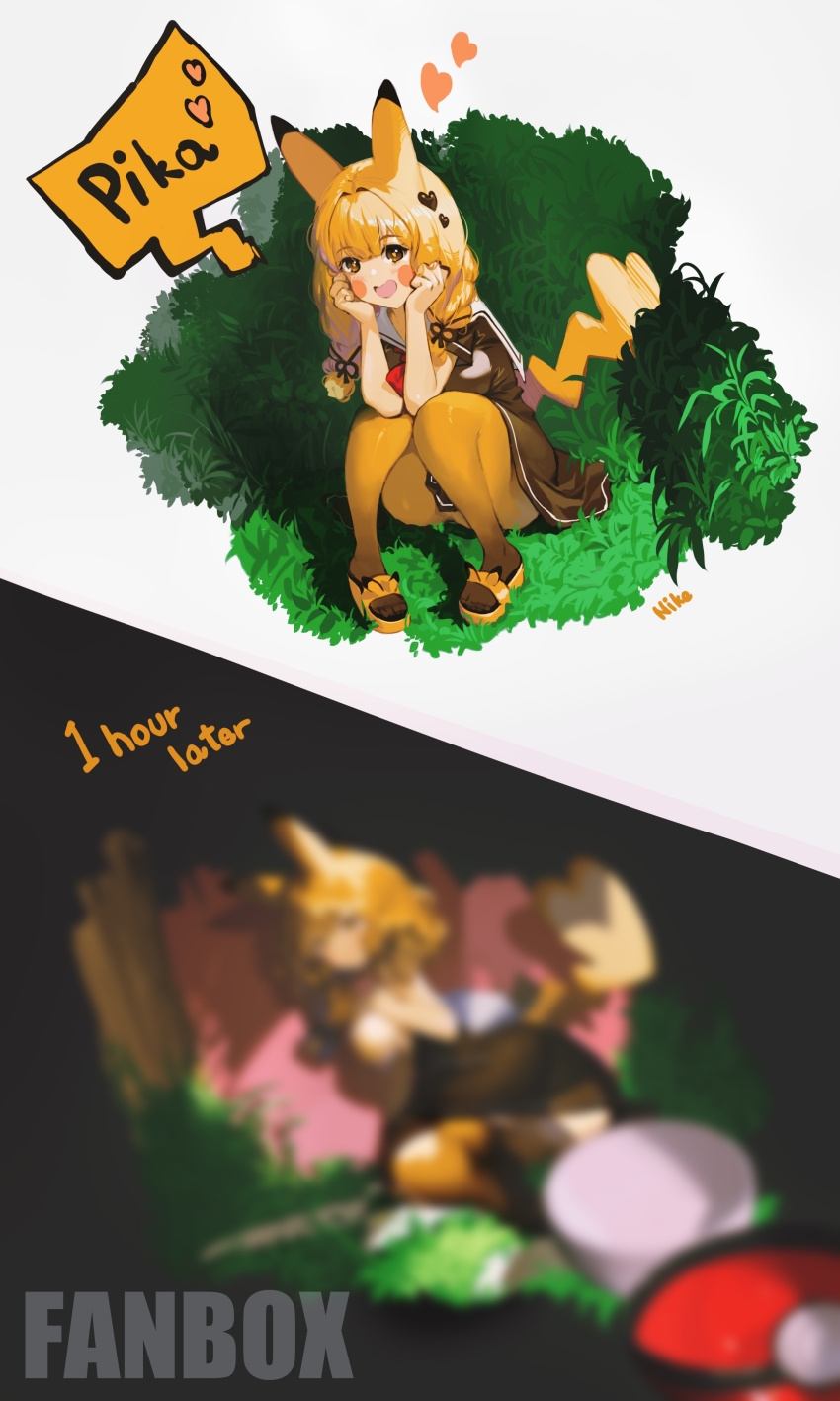 1girl :d absurdres animal_ears animal_slippers artist_name before_and_after blur_censor blush blush_stickers braid brown_dress censored clothes_pull colored_speech_bubble commentary_request dress dress_pull english_text game_freak gen_1_pokemon gradient_pantyhose hair_intakes hair_ornament heart heart-shaped_pupils heart_hair_ornament highres humanization long_hair looking_at_viewer low_twin_braids neckerchief nike_(nike1060) nintendo open_mouth open_poke_ball paid_reward_available pantyhose pikachu pikachu_ears pikachu_tail poke_ball poke_ball_(basic) pokemon pokemon_tail red_neckerchief sailor_collar sailor_dress short_dress signature sitting slippers smile speech_bubble symbol-shaped_pupils tail twin_braids white_sailor_collar yellow_pantyhose