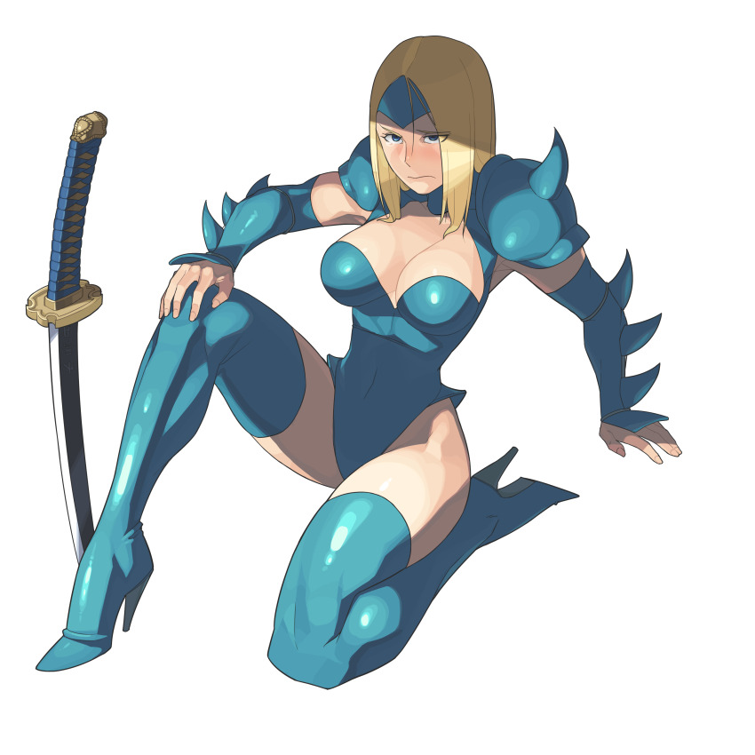 1girl absurdres armor baka_guruo blonde_hair blue_eyes blue_leotard blue_thighhighs blush breasts detached_sleeves full_body highres katana large_breasts leotard long_hair marvel mizuki_(punisher) pauldrons revealing_clothes shiny_clothes shiny_skin shoulder_armor simple_background solo spiked_armor spiked_pauldrons spikes strapless strapless_leotard sword the_punisher_(series) thighhighs transparent_background weapon