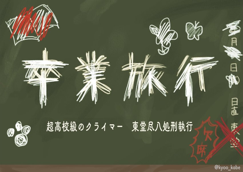 animal_print artist_name book_print butterfly_print chalkboard crossover danganronpa_(series) fake_screenshot gameplay_mechanics green_theme highres kyoo_kabe no_humans paw_print text_focus toudou_jinpachi translation_request yowamushi_pedal
