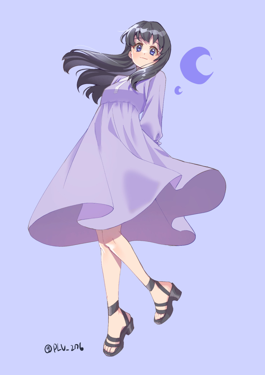 1girl arms_behind_back black_hair black_sandals closed_mouth crescent dot_nose dress full_body happinesscharge_precure! head_tilt highres hikawa_maria long_hair looking_at_viewer plv_276 precure purple_background purple_dress purple_eyes purple_theme sandals simple_background smile solo twitter_username