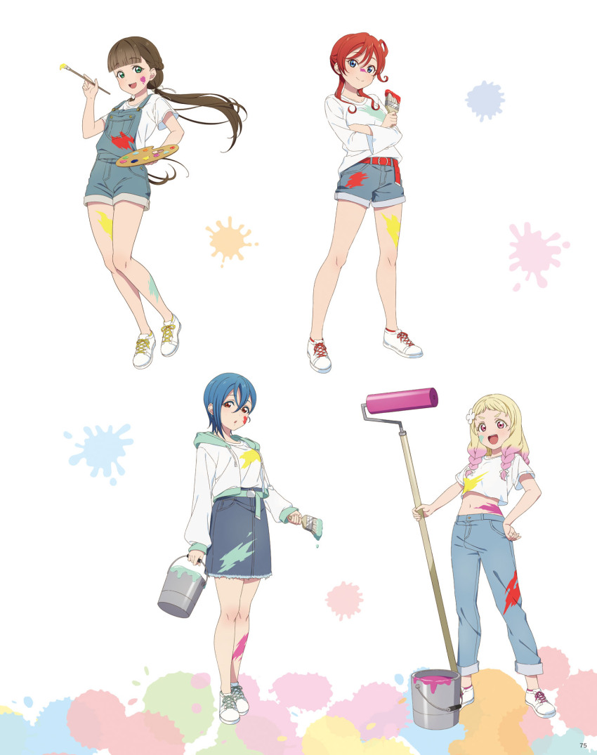 4girls artbook blonde_hair blue_eyes blue_hair braid brown_hair bucket denim denim_skirt full_body green_eyes hair_between_eyes highres holding hood long_hair looking_at_viewer love_live! love_live!_superstar!! multicolored_hair multiple_girls non-web_source official_art onitsuka_natsumi open_mouth orange_eyes overalls paint paint_on_body paint_on_clothes paint_splatter paint_splatter_on_face paintbrush pants pink_eyes ponytail red_hair sakurakoji_kinako shirt shoes short_hair simple_background skirt smile sneakers standing twintails wakana_shiki white_background white_shirt yoneme_mei