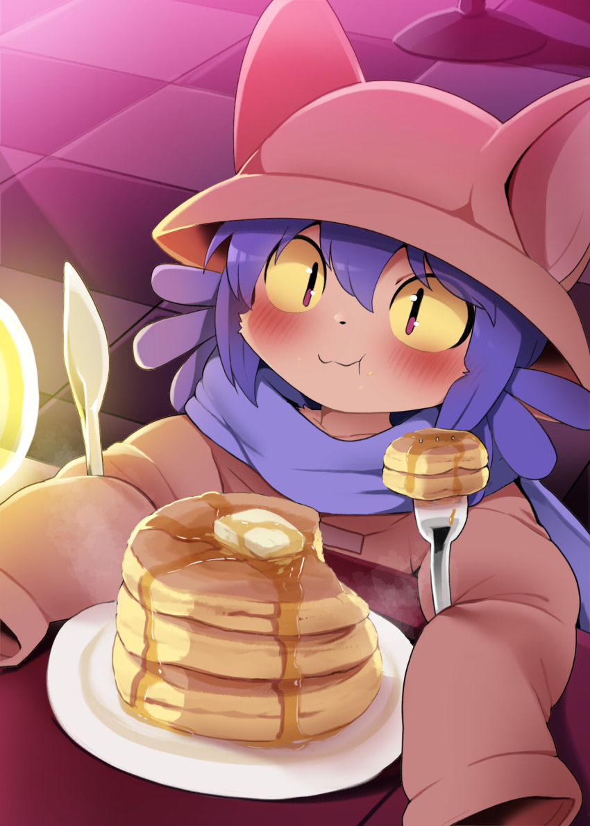 1girl :3 animal_ears animal_hat animal_nose baggy_clothes blue_hair blush brown_hat cat_ears cat_girl child dagasi dress eating food food_in_mouth food_on_face fork furry furry_female hat highres holding_utensil knife light_blush light_bulb long_sleeves looking_at_viewer moments_before_disaster multicolored_eyes niko_(oneshot) oneshot_(game) oversized_clothes pancake pancake_stack pig_tail purple_hair scarf short_hair sitting slit_pupils steam syrup tail tan