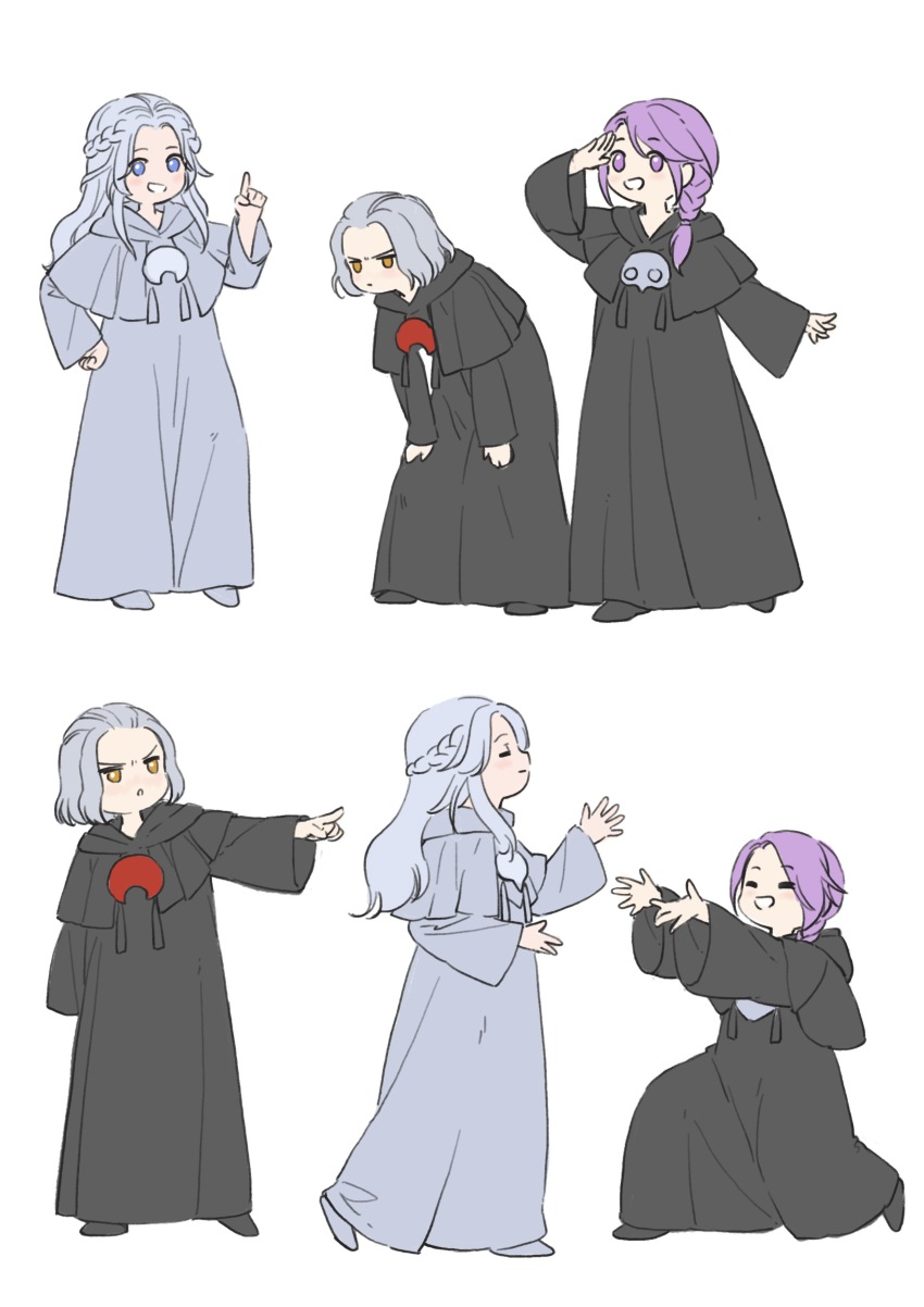 1girl 2boys absurdres black_capelet black_robe blue_eyes braid capelet closed_eyes emet-selch final_fantasy final_fantasy_xiv full_body half_up_braid hand_on_own_hip highres hydaelyn hythlodaeus index_finger_raised long_hair mask mask_around_neck medium_hair mian_mie multiple_boys multiple_views outstretched_arms purple_eyes purple_hair robe sequential side_braid simple_background single_braid smile sophist&#039;s_robe_(ff14) standing unworn_mask white_background white_capelet white_hair white_robe yellow_eyes