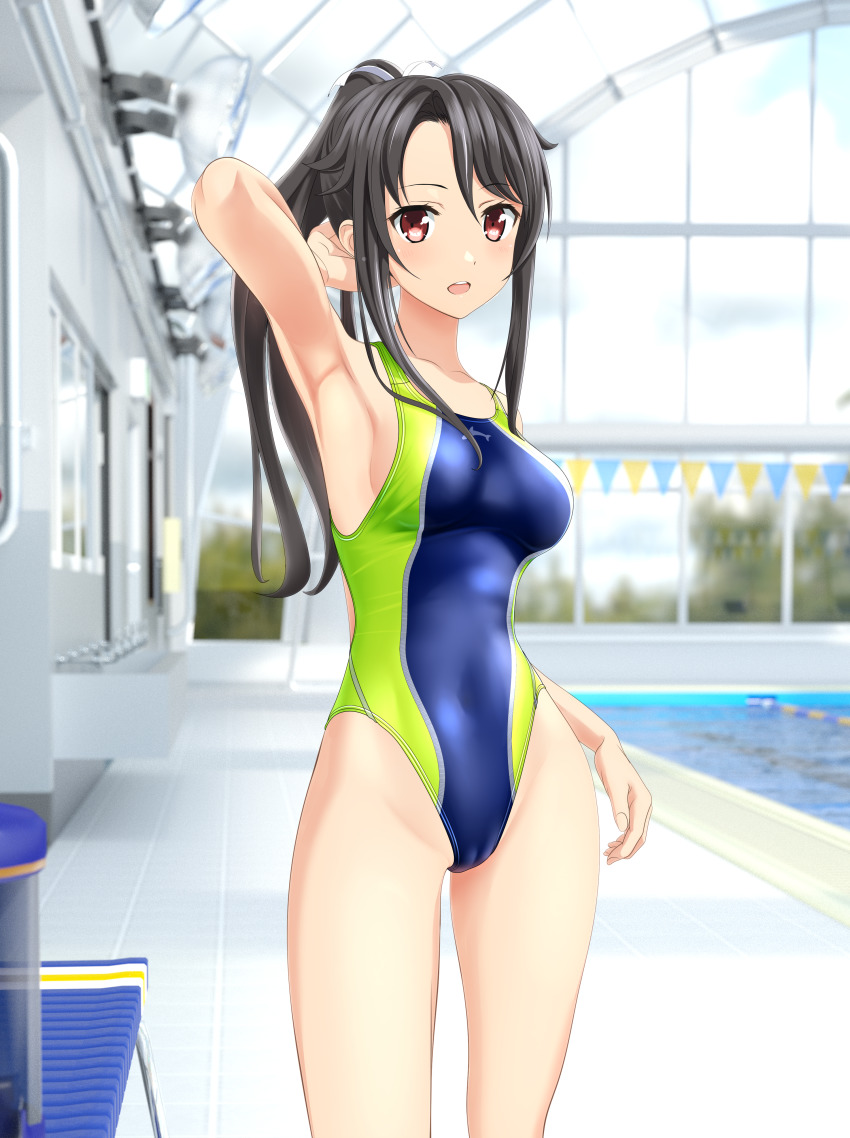 1girl absurdres armpits bench black_hair blue_one-piece_swimsuit breasts cameltoe commentary_request competition_swimsuit contrapposto cowboy_shot high_school_fleet highres indoors long_hair looking_at_viewer medium_breasts multicolored_swimsuit munetani_mashiro one-piece_swimsuit open_mouth ponytail pool presenting_armpit red_eyes round_teeth sidelocks solo standing string_of_flags swimsuit takafumi teeth upper_teeth_only