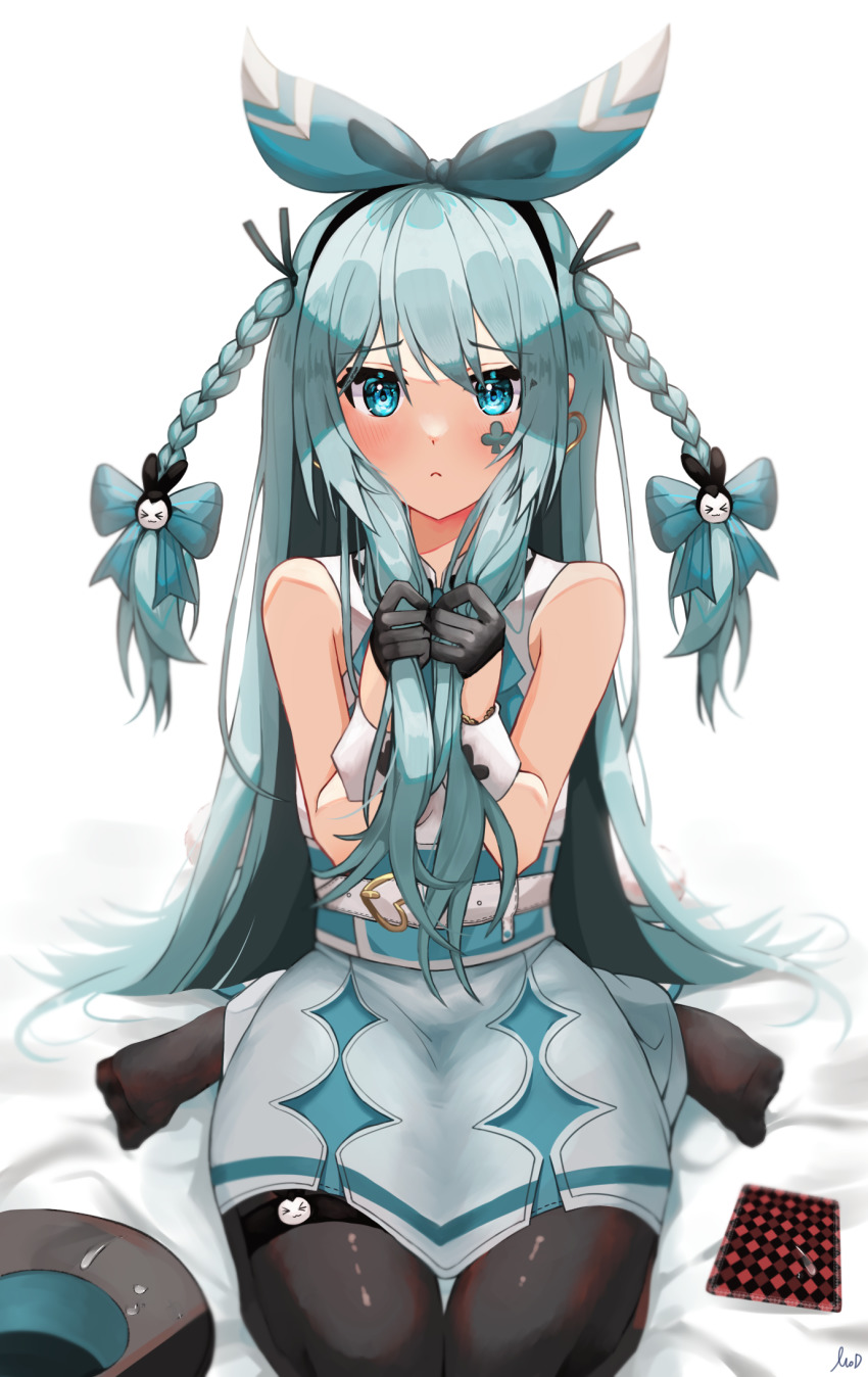 1girl aqua_hair ascot bare_shoulders belt belt_buckle black_gloves black_pantyhose black_survival blue_ascot blue_eyes blue_skirt blush bow bow_hairband braid buckle card commentary emma_hardy eternal_return:_black_survival facial_mark gloves hair_between_eyes hair_bow hair_ribbon hairband heart heart-shaped_buckle highres holding holding_own_hair korean_commentary long_hair looking_at_viewer mod_(miballdan) multiple_hair_bows no_shoes pantyhose ribbon shirt sitting skirt sleeveless sleeveless_shirt solo spade_(shape) twin_braids very_long_hair wariza white_belt white_shirt wrist_cuffs