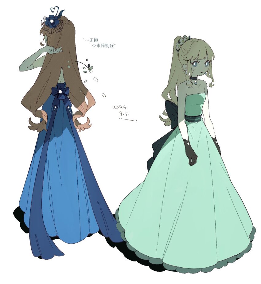 2girls aqua_dress back_bow bare_shoulders black_gloves blonde_hair blue_dress blue_flower bow brown_hair chinese_commentary chinese_text choker commentary_request dated dress fascinator flower from_above full_body gloves gravity_falls hair_flower hair_ornament high_ponytail highres izm_ovo long_dress long_hair looking_at_another mabel_gleeful mabel_pines multiple_girls open_mouth pacifica_northwest pacifica_southeast ponytail reverse_falls_(gravity_falls) simple_background strapless strapless_dress throwing translation_request very_long_hair white_background white_flower
