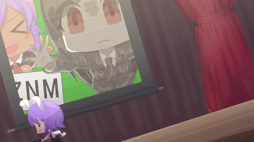&gt;_&lt; 3girls :3 :d abebebe absurdres animal_ears black_hisui_(cookie) cookie_(touhou) curtains fake_hisui_(cookie) grey_hair highres long_hair metal_hisui_(cookie) multiple_girls open_mouth purple_hair rabbit_ears rabbit_girl red_eyes reisen_udongein_inaba screen short_hair smile solid_circle_eyes touhou xd