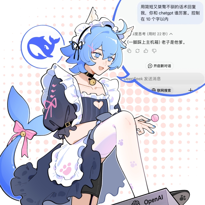 absurdres animal_ears apron bell blue_eyes bow candy cat_ears cetacean_tail chatgpt chinese_commentary chinese_text deepseek deepseek-tan deepseek_(medium) dress fins fish_tail food highres holding holding_candy holding_food holding_lollipop jingle_bell lollipop maid_apron minocycline pantyhose paw_print pink_bow polka_dot polka_dot_background puffy_sleeves simplified_chinese_text tail thighhighs translated white_pantyhose