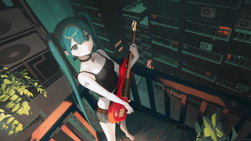 1girl absurdres air_conditioner balcony bare_arms bare_shoulders barefoot belt black_belt black_camisole black_collar breasts building camisole closed_mouth collar collarbone commentary denim denim_shorts electric_guitar english_commentary green_eyes green_hair grey_shorts guitar hair_between_eyes haruri hatsune_miku highres holding holding_instrument instrument light_smile looking_at_viewer plant railing shorts small_breasts solo standing torn_clothes torn_shorts vocaloid window