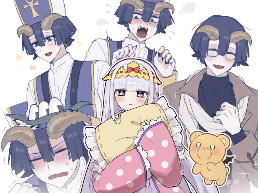 1boy 1girl animal_ears aurora_sya_lis_kaymin binsusoda blunt_bangs blush brown_coat closed_eyes coat demon_cleric fangs fingernails flower food glasses goat_ears hetero horns long_hair long_sleeves looking_at_viewer maou-jou_de_oyasumi multiple_views onigiri open_mouth pillow purple_eyes purple_hair scarf sharp_fingernails sparkle teddy_demon upper_body very_long_hair white_hair white_scarf