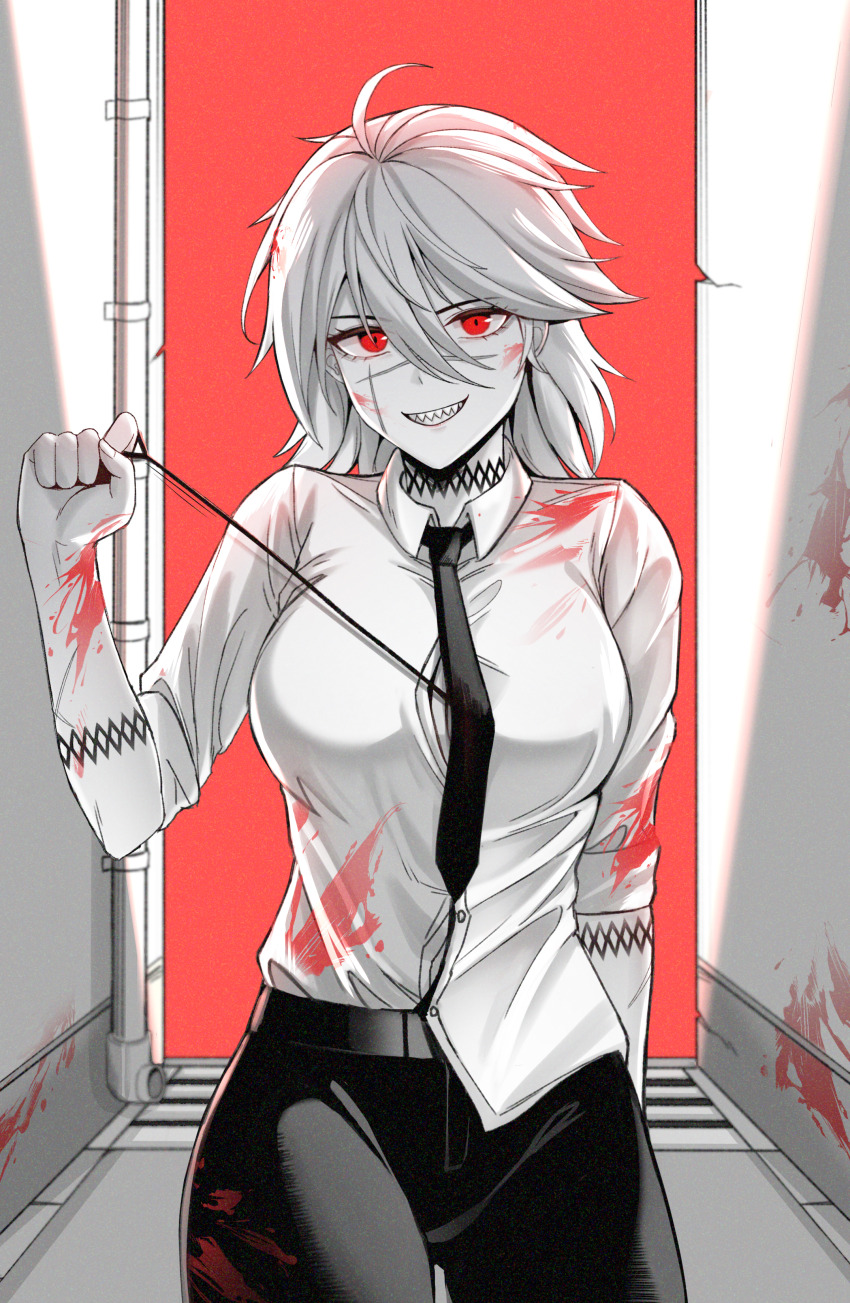 1girl absurdres ahoge alley arm_tattoo black_necktie black_pants black_survival blood blood_in_hair blood_on_arm blood_on_clothes blood_on_face blood_on_wall breasts chainsaw_man collared_shirt commentary_request cosplay cowboy_shot cross_scar denji_(chainsaw_man) denji_(chainsaw_man)_(cosplay) dress_shirt grin hair_between_eyes highres jackie_quilt kisa_(leg3043) korean_commentary limited_palette long_bangs looking_at_viewer medium_breasts medium_hair neck_tattoo necktie pants red_eyes revision scar scar_on_face sharp_teeth shirt shirt_partially_tucked_in sleeves_rolled_up smile solo tattoo teeth white_hair white_shirt
