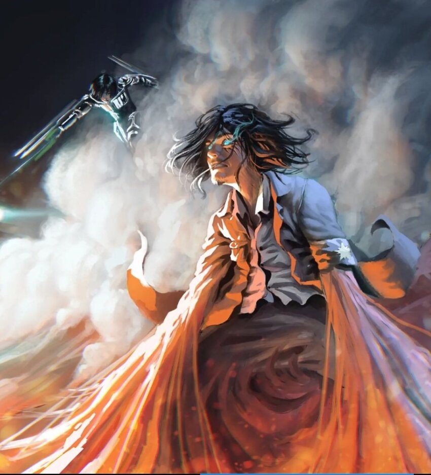 1boy 1girl aqua_eyes black_hair commentary eren_yeager facial_hair glowing glowing_eyes javi_martinez medium_hair mikasa_ackerman shingeki_no_kyojin shirt smoke steam transformation white_shirt